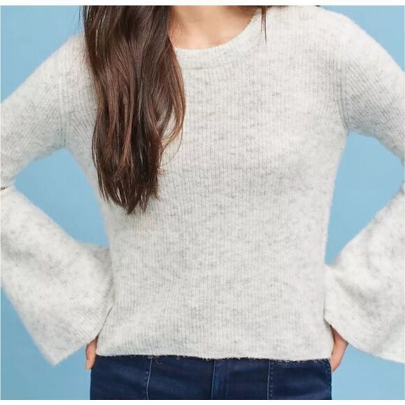 Moth Flared Bell Sleeve Ribbed Knit Sweater Cream Heathered Gray Anthropologie M - Picture 10 of 11